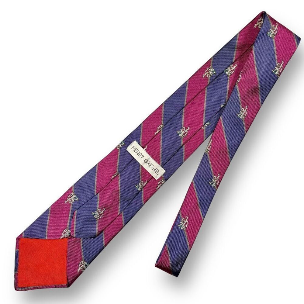 HENRY GRETHEL Men’s Vintage Lion Emblem Designer Striped 100 % Silk Tie